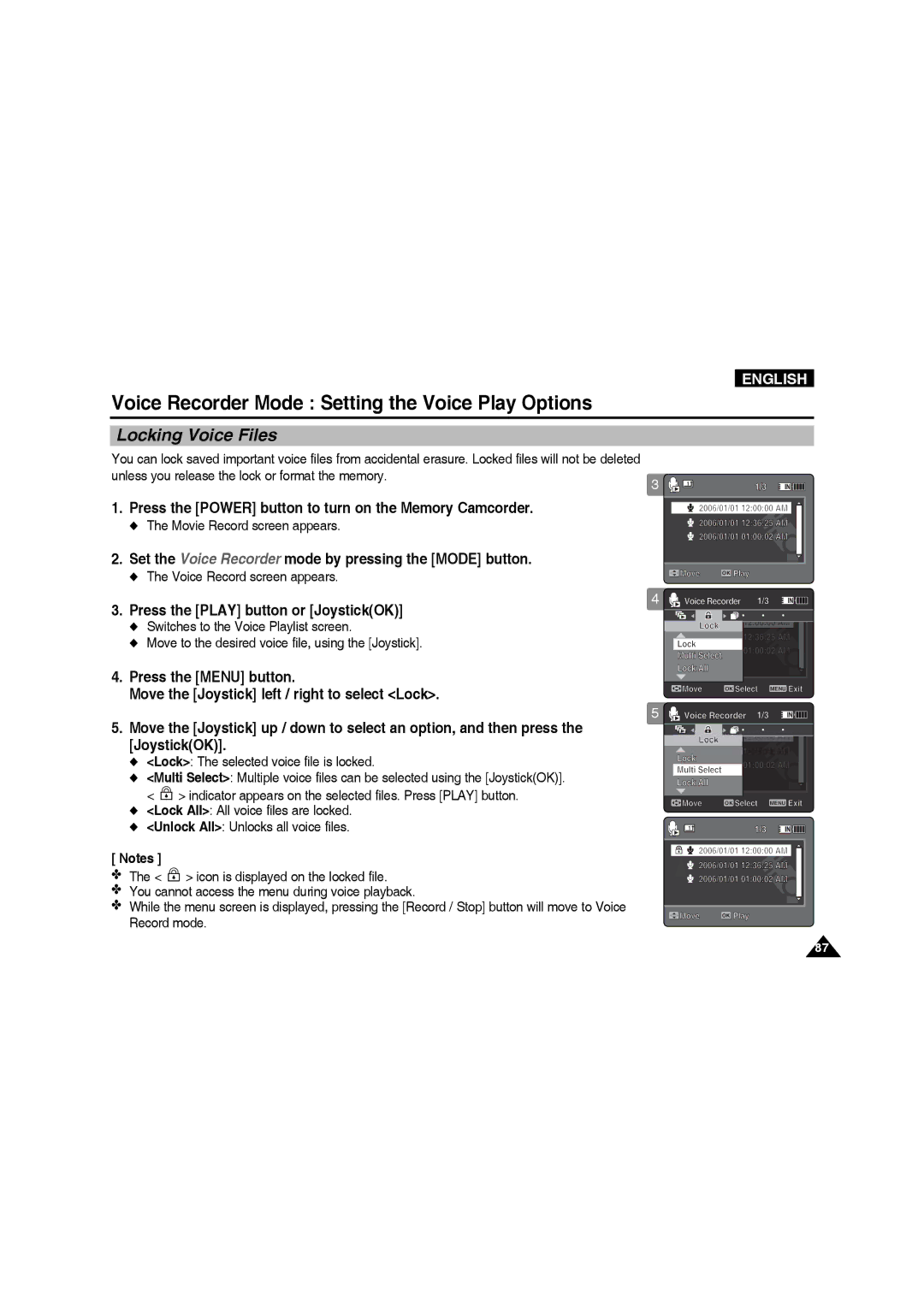 Samsung VP-MM11S/EUR, VP-MM11S/XEF, VP-MM11S/XET, VP-MM12S/XET Locking Voice Files, Lock The selected voice file is locked 