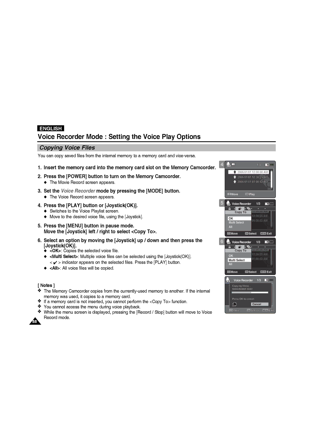 Samsung VP-MM11S/XEF manual Copying Voice Files, OK Copies the selected voice file, All All voice files will be copied 