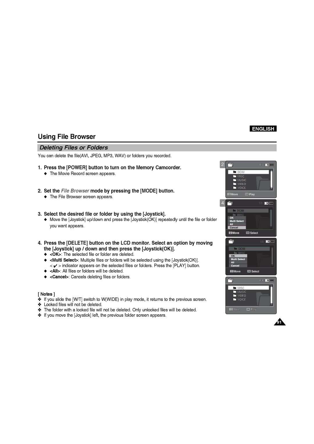 Samsung VP-MM12BL/XET, VP-MM11S/XEF Deleting Files or Folders, Select the desired file or folder by using the Joystick 