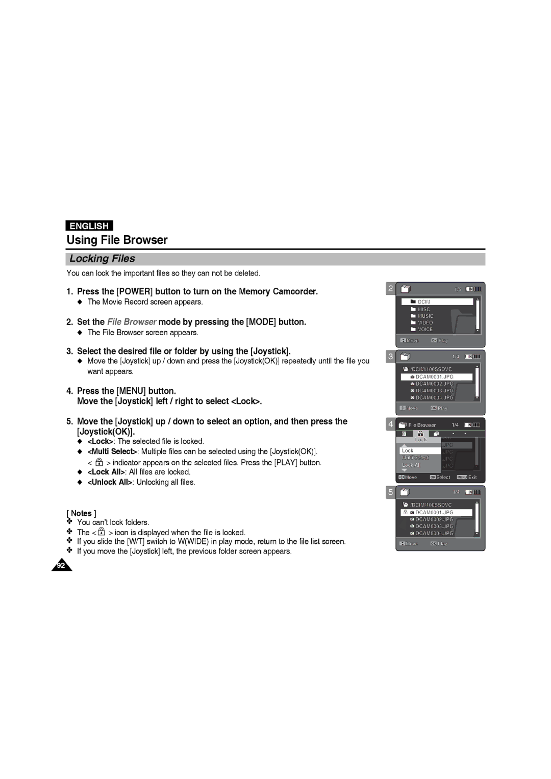 Samsung VP-MM11S/AND, VP-MM11S/XEF manual Locking1 Files, You can lock the important files so they can not be deleted 