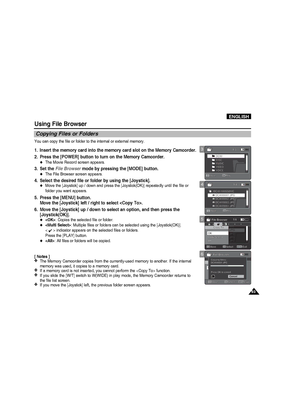 Samsung VP-MM11S/CHN, VP-MM11S/XEF, VP-MM11S/XET manual Copying1 Files or Folders, OK Copies the selected file or folder 