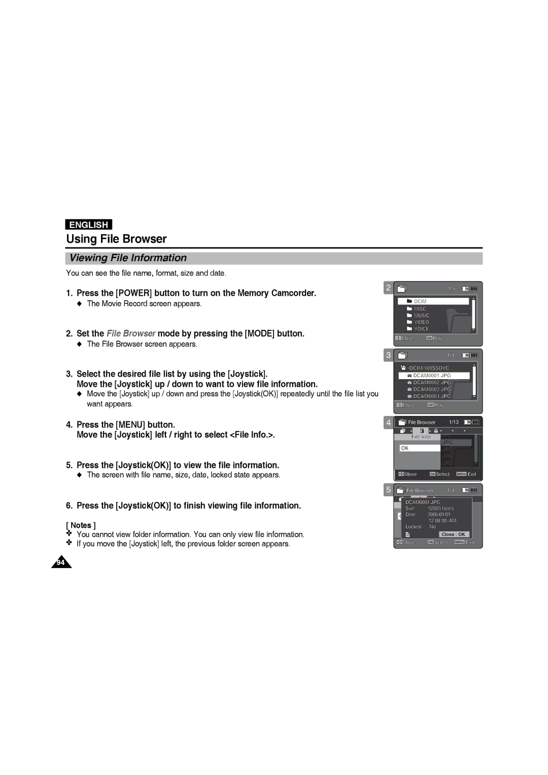 Samsung VP-MM11S/MEA, VP-MM11S/XEF manual Viewing1 File Information, Press the JoystickOK to finish viewing file information 