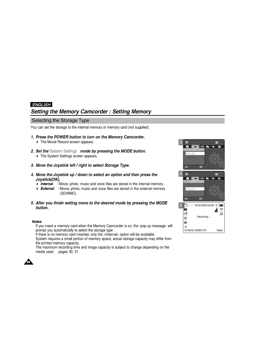 Samsung VP-MM11S/XEF, VP-MM11S/XET, VP-MM12S/XET Setting the Memory Camcorder Setting Memory, Selecting the Storage Type 