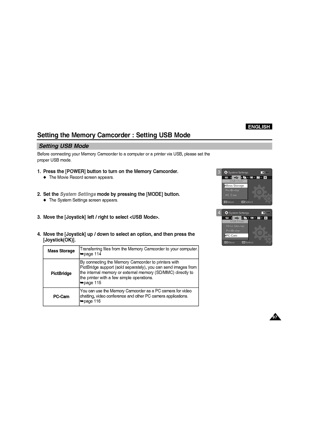 Samsung VP-MM11S/XET Setting the Memory Camcorder Setting USB Mode, Mass Storage, Printer with a few simple operations 