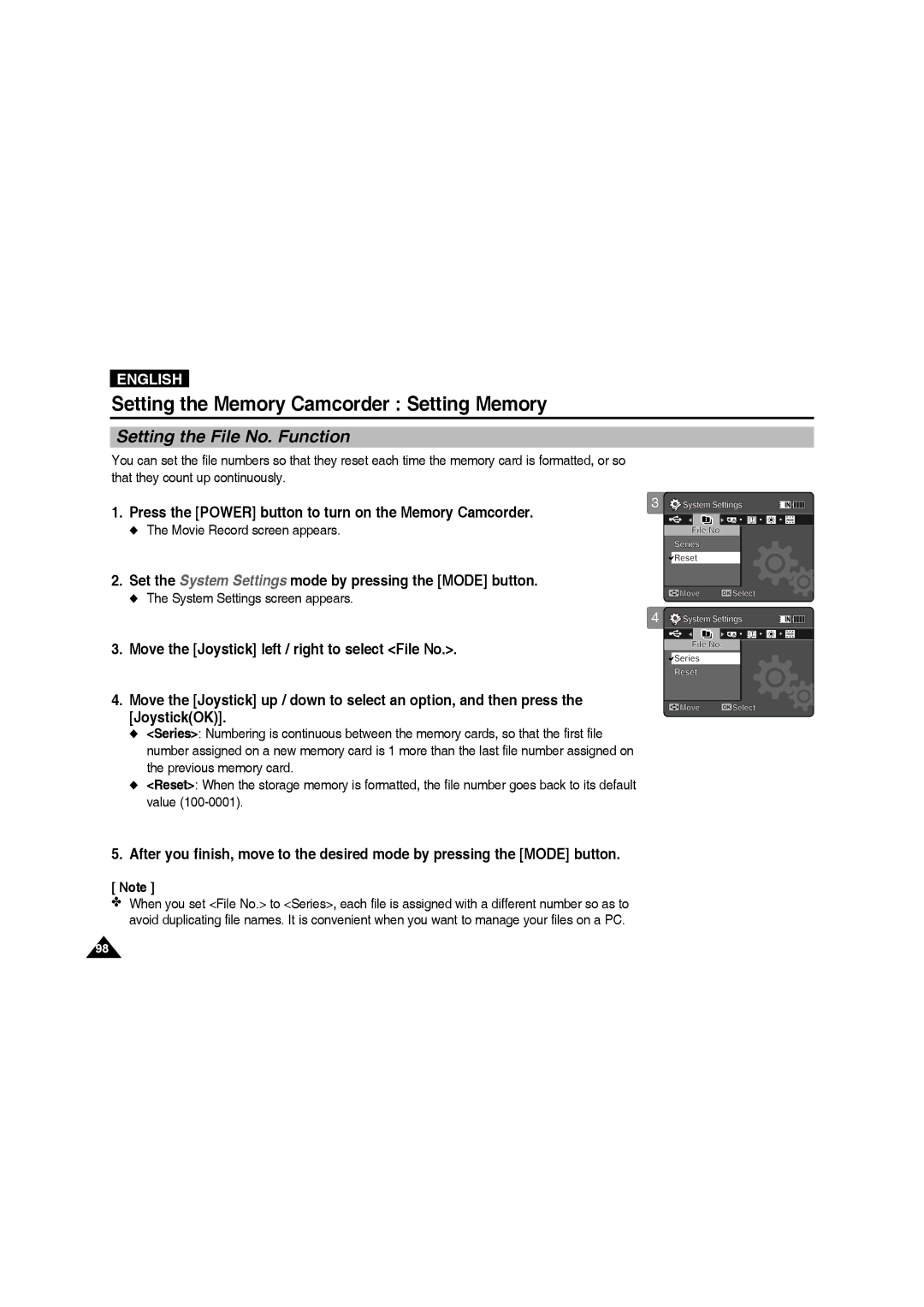 Samsung VP-MM12S/XET, VP-MM11S/XEF, VP-MM11S/XET, VP-MM12BL/XET, VP-MM11S/AND, VP-MM11S/CHN manual Setting the File No. Function 