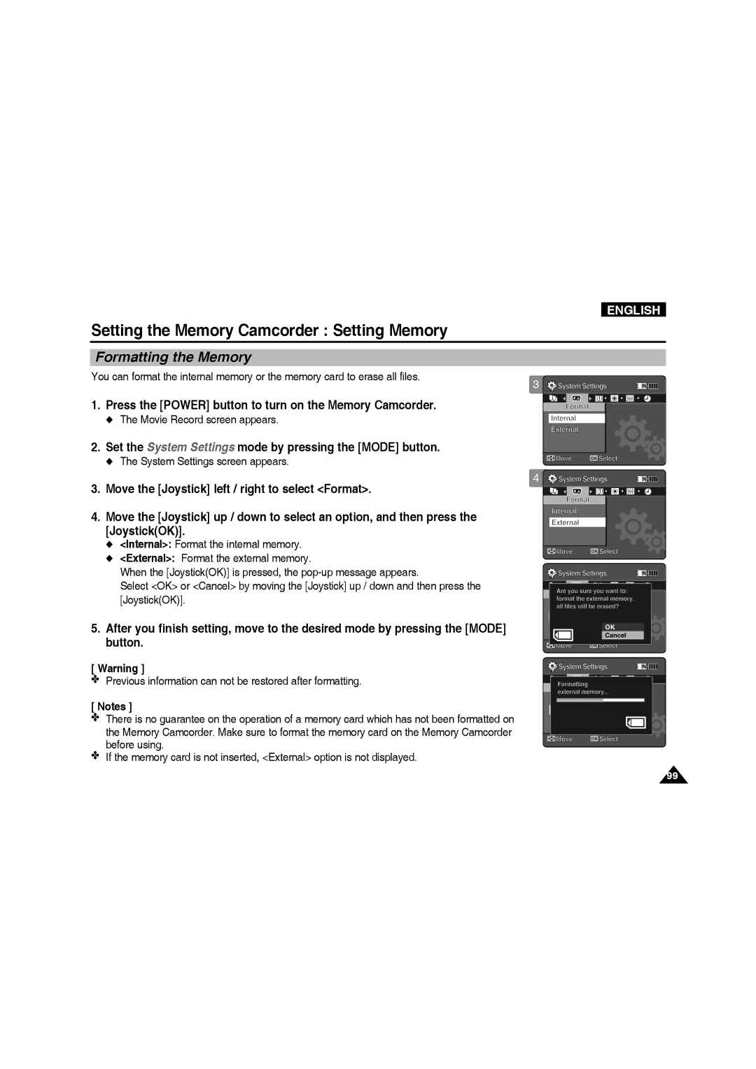 Samsung VP-MM12BL/XET, VP-MM11S/XEF, VP-MM11S/XET, VP-MM12S/XET, VP-MM11S/AND, VP-MM11S/CHN, VP-MM11S/MEA Formatting the Memory 