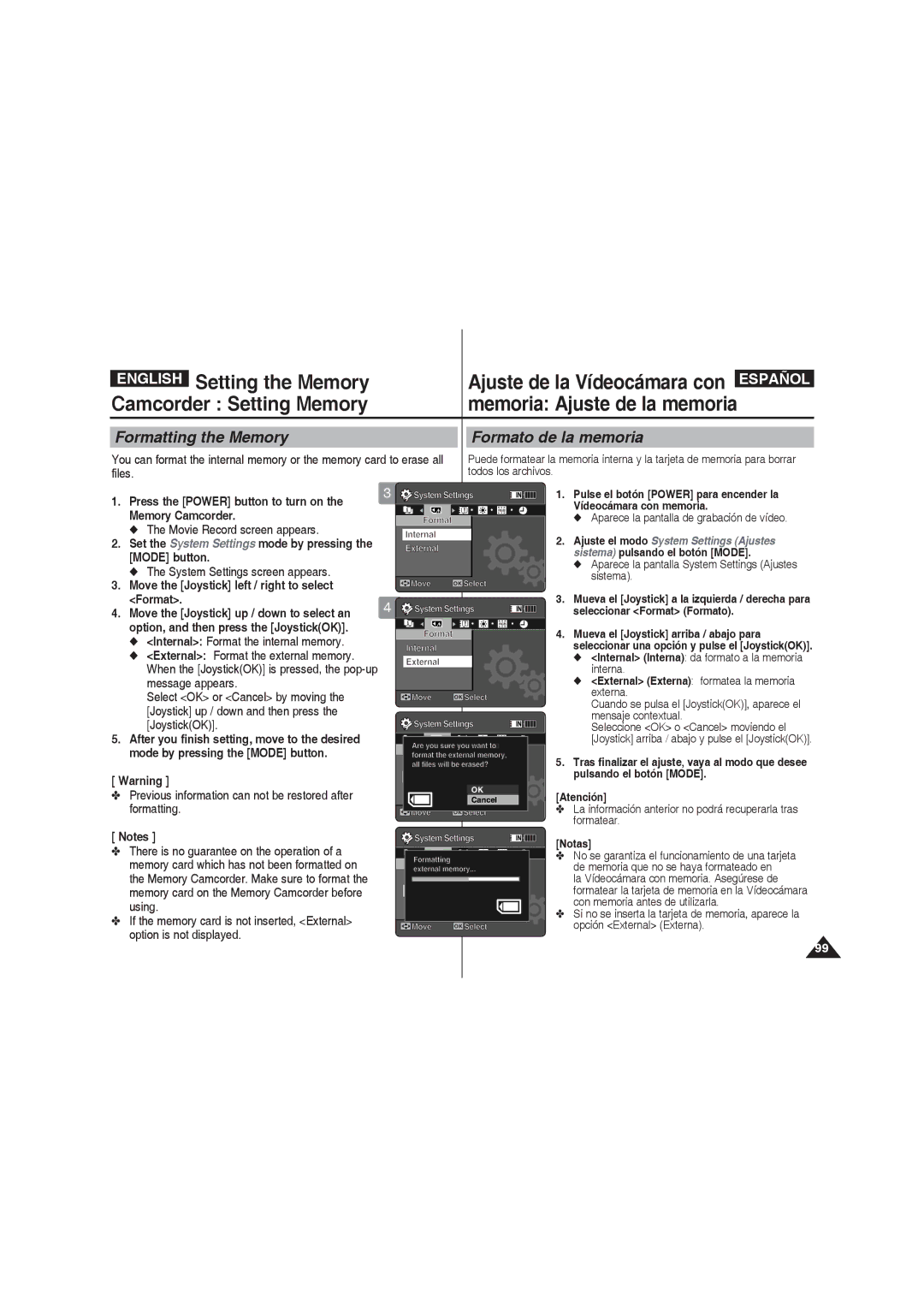 Samsung VP-MM11S/AND manual Formatting the Memory Formato de la memoria, Move the Joystick left / right to select Format 