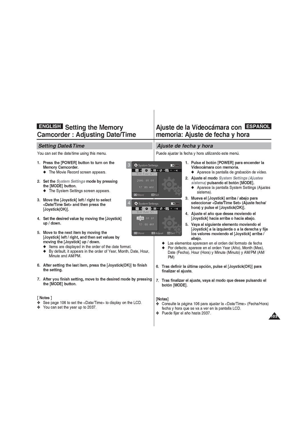 Samsung VP-MM11S/XEF, VP-MM11S/XET, VP-MM12S/XET Memoria Ajuste de fecha y hora, Setting Date&Time Ajuste de fecha y hora 