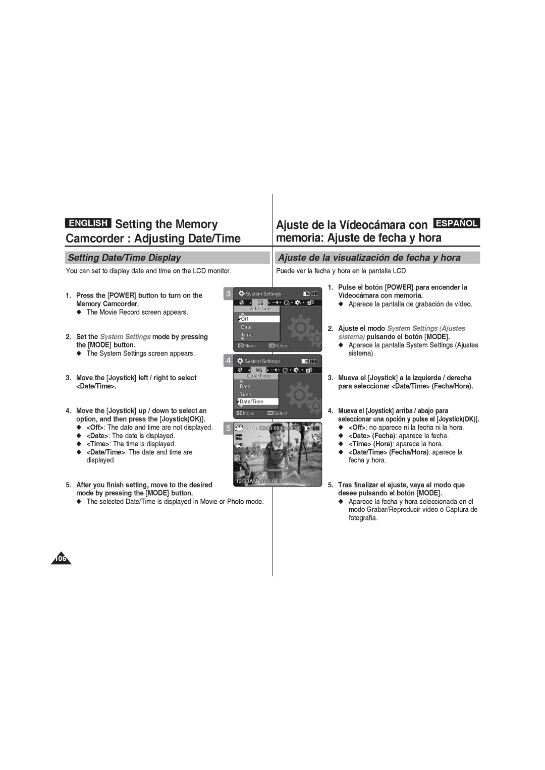 Samsung VP-MM12BL/XET manual Move the Joystick left / right to select Date/Time, Date Fecha aparece la fecha, Fecha y hora 