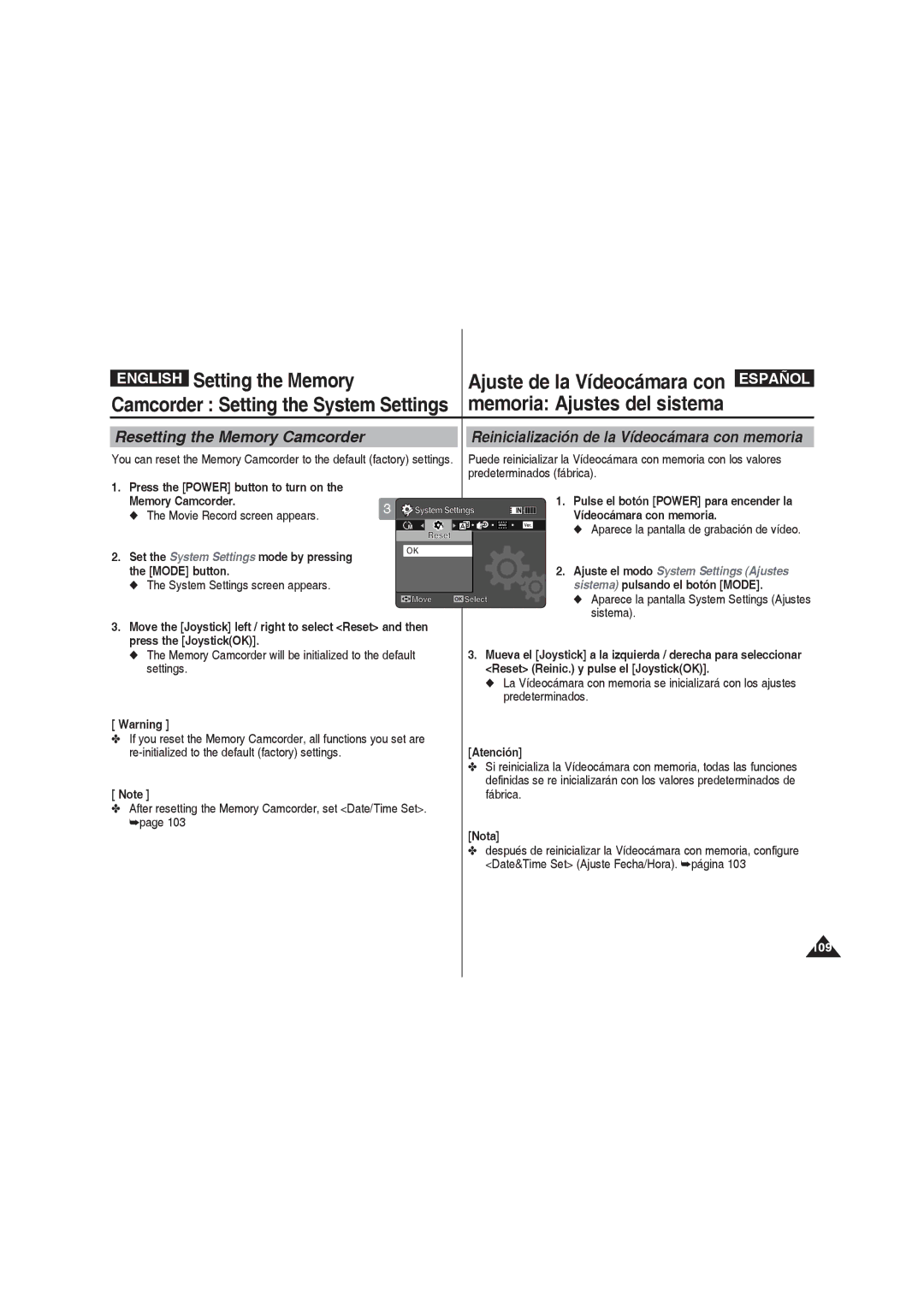 Samsung VP-MM11S/MEA manual Resetting the Memory Camcorder, Predeterminados fábrica, Reset Reinic. y pulse el JoystickOK 