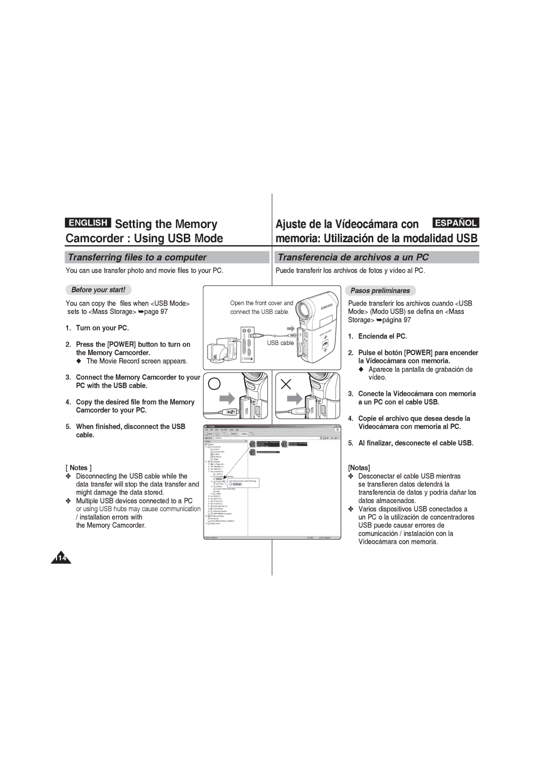 Samsung VP-MM12BL/XET manual Camcorder Using USB Mode, Transferring files to a computer, Transferencia de archivos a un PC 