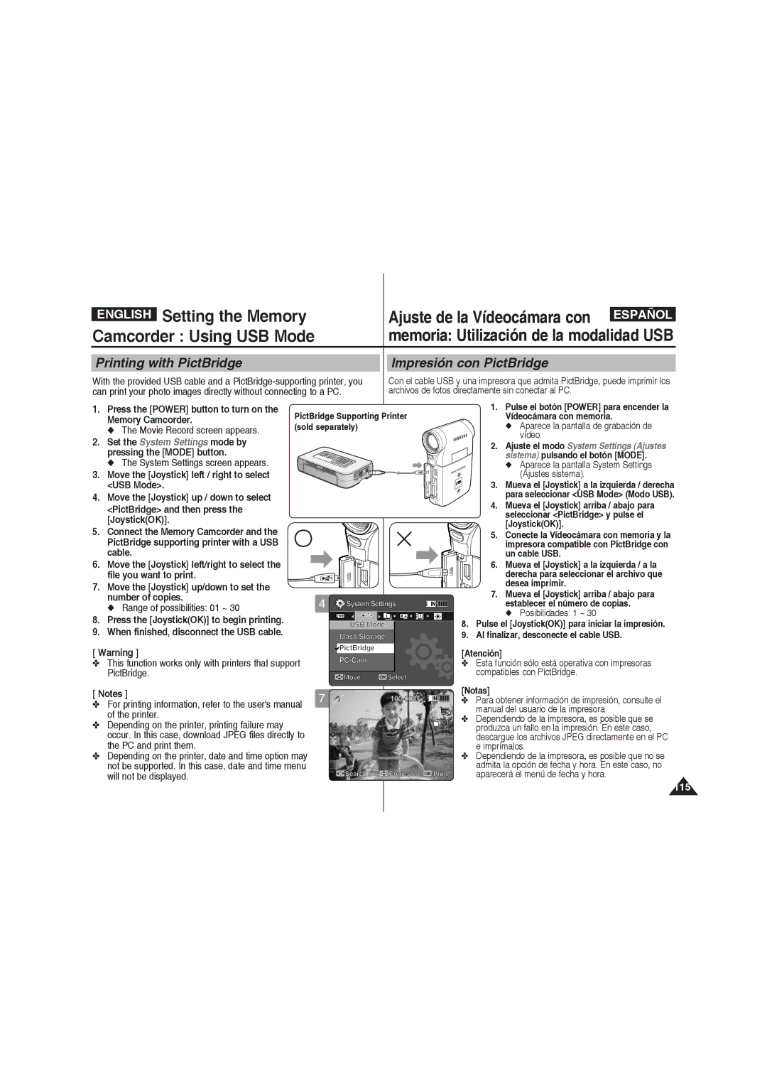 Samsung VP-MM11S/AND Printing with PictBridge Impresión con PictBridge, System Settings screen appears, Posibilidades 1 ~ 