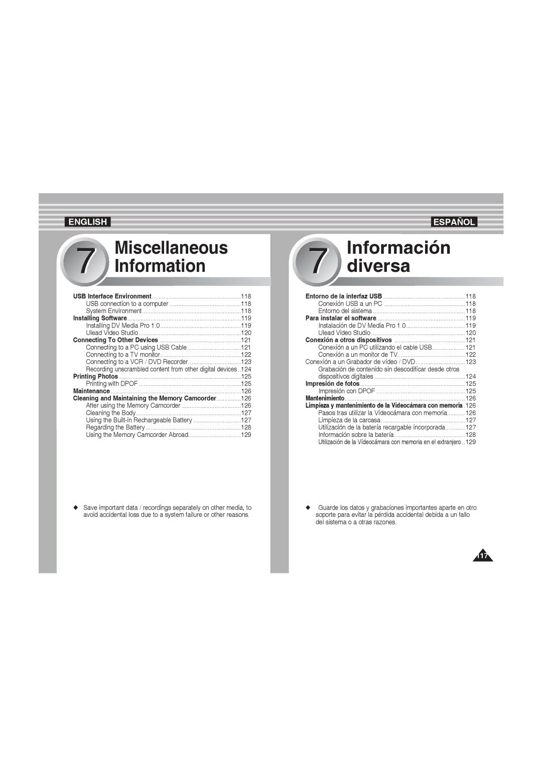 Samsung VP-MM11S/MEA, VP-MM11S/XEF, VP-MM11S/XET manual 126, 127, 128, 129, Conexión a un PC utilizando el cable USB 121 