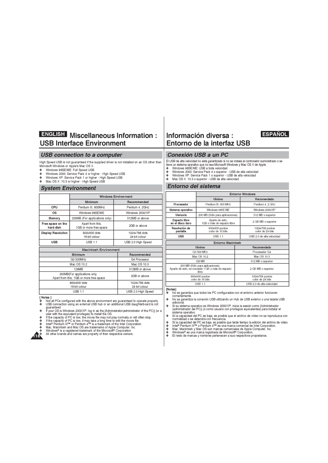 Samsung VP-MM11S/EUR manual USB connection to a computer, System Environment, Conexión USB a un PC, Entorno del sistema 