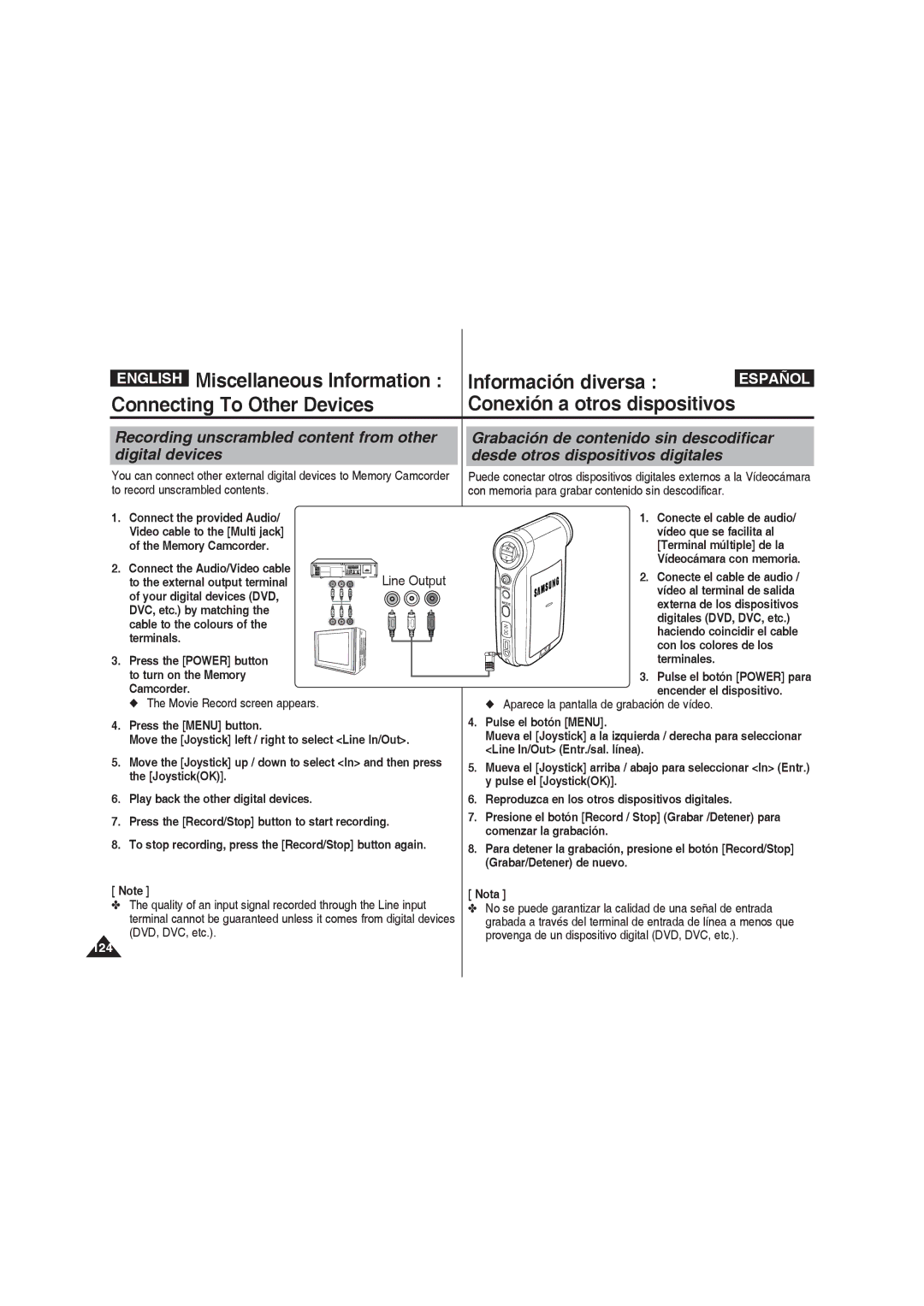 Samsung VP-MM11S/CHN, VP-MM11S/XEF manual Recording unscrambled content from other digital devices, Con los colores de los 