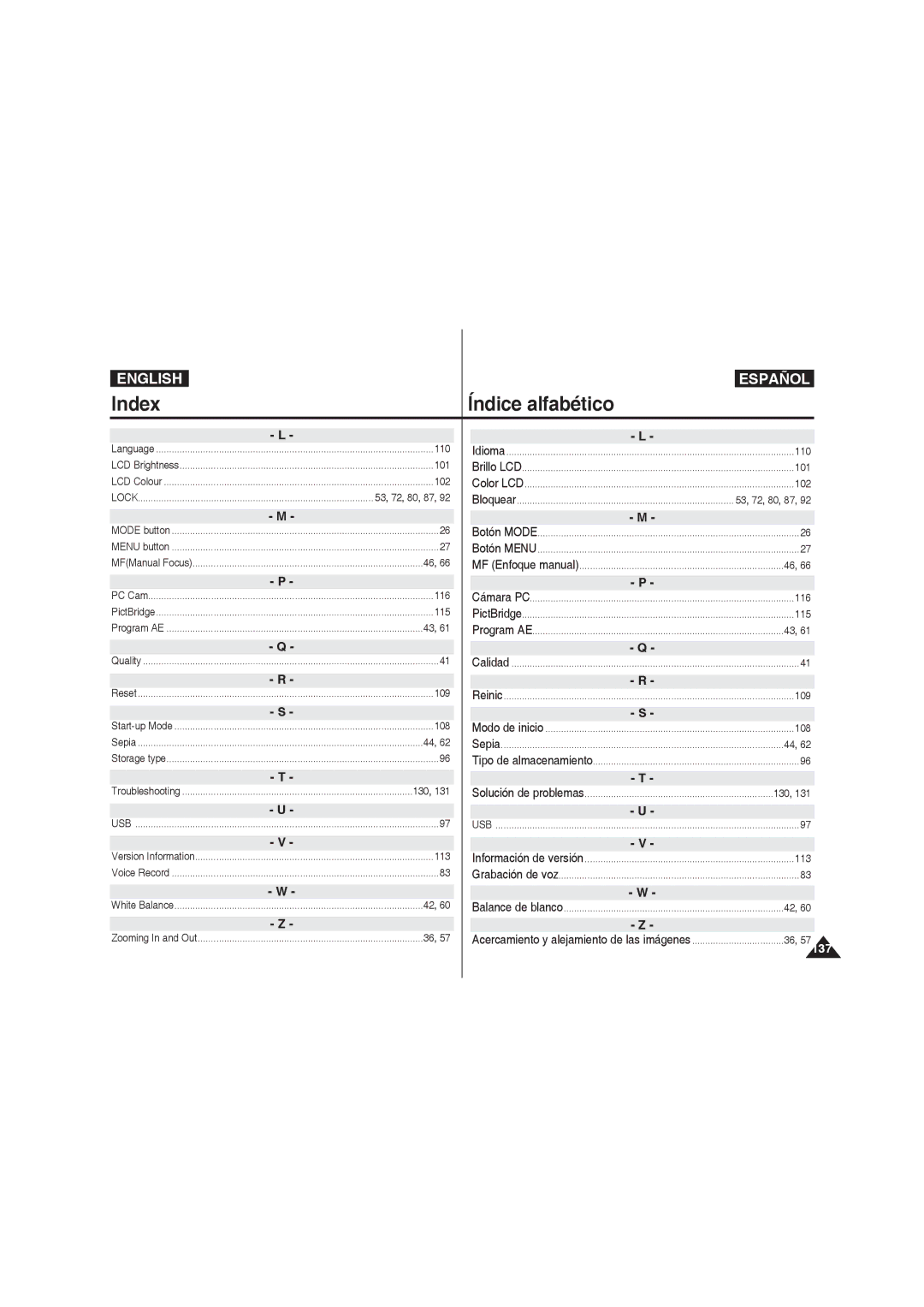 Samsung VP-MM12S/XET, VP-MM11S/XEF Index Índice alfabético, 53, 72, 80, 87, Acercamiento y alejamiento de las imágenes 