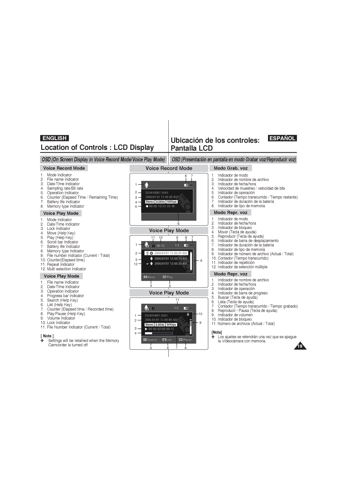 Samsung VP-MM11S/AND, VP-MM11S/XEF, VP-MM11S/XET, VP-MM12S/XET, VP-MM12BL/XET, VP-MM11S/CHN Voice Record Mode, Voice Play Mode 