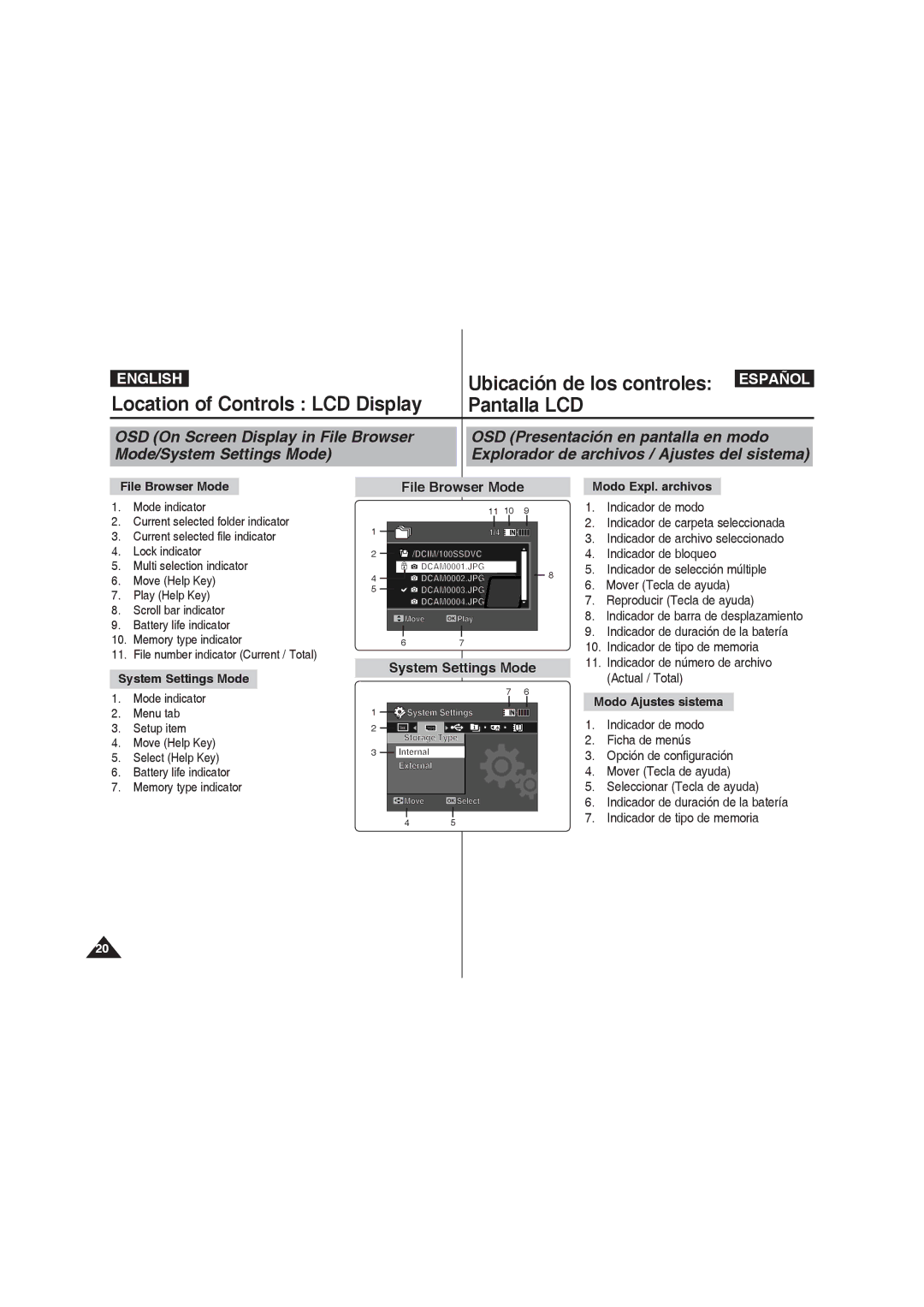 Samsung VP-MM11S/CHN, VP-MM11S/XEF, VP-MM11S/XET, VP-MM12S/XET, VP-MM12BL/XET manual File Browser Mode, System Settings Mode 