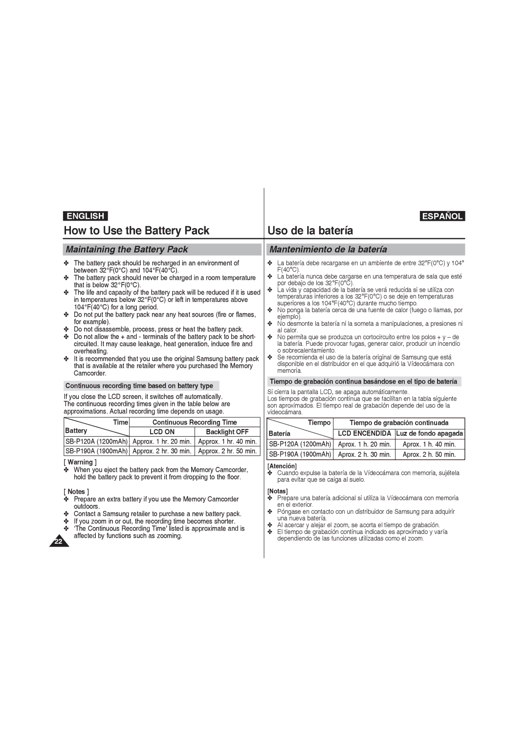 Samsung VP-MM11S/EUR, VP-MM11S/XEF How to Use the Battery Pack, Maintaining the Battery Pack, Mantenimiento de la batería 