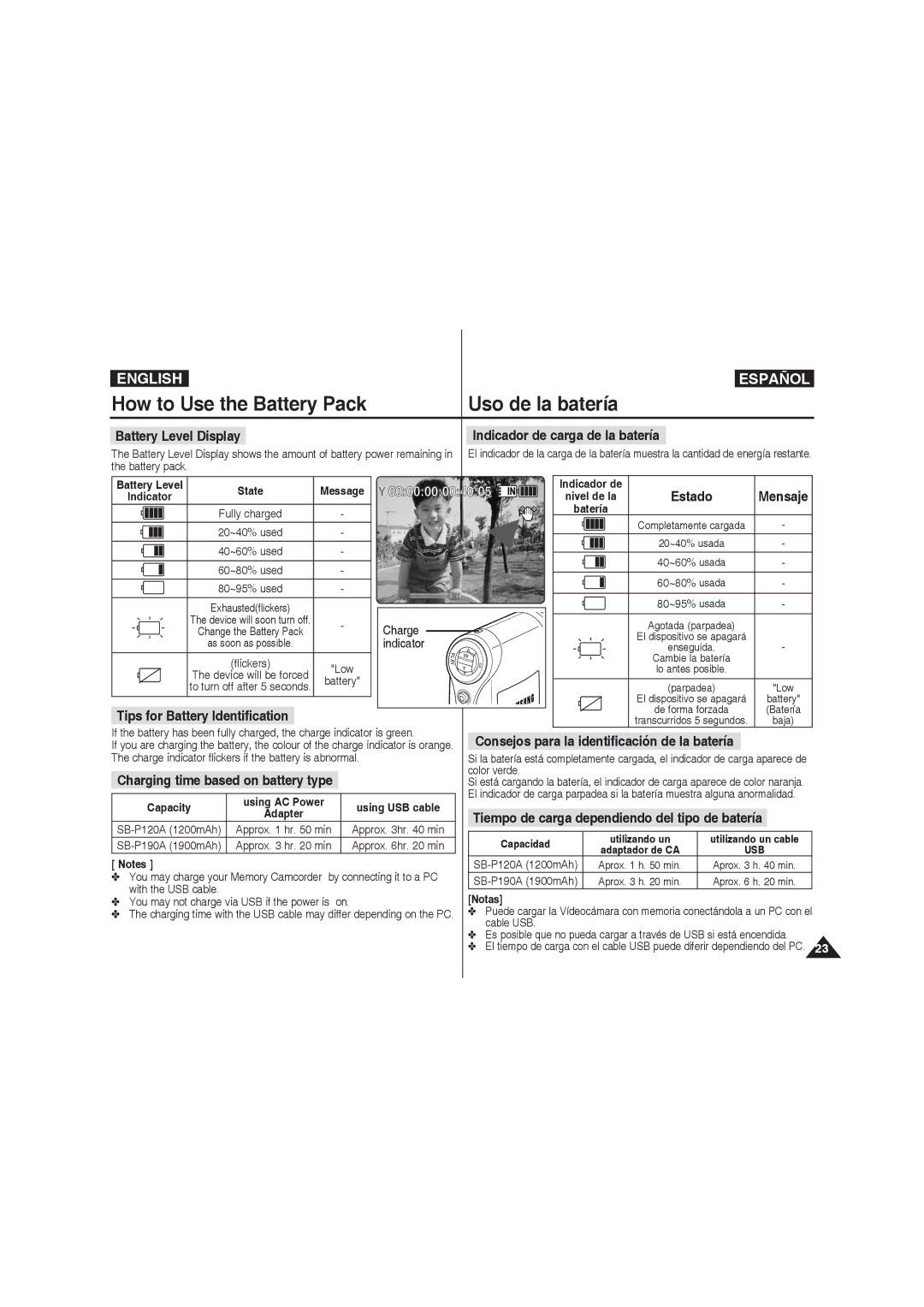 Samsung VP-MM11S/XEF, VP-MM11S/XET manual How to Use the Battery Pack Uso de la batería, Battery Level Display, Recording 