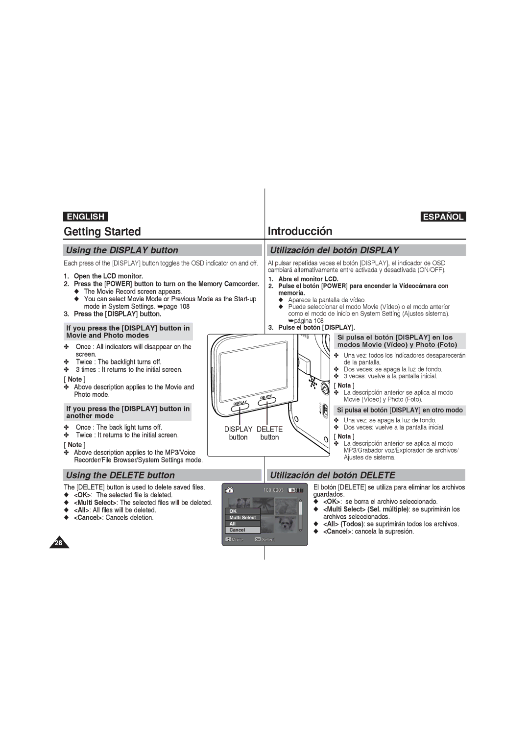 Samsung VP-MM11S/CHN, VP-MM11S/XEF manual Using the Display button Utilización del botón Display, Open the LCD monitor 