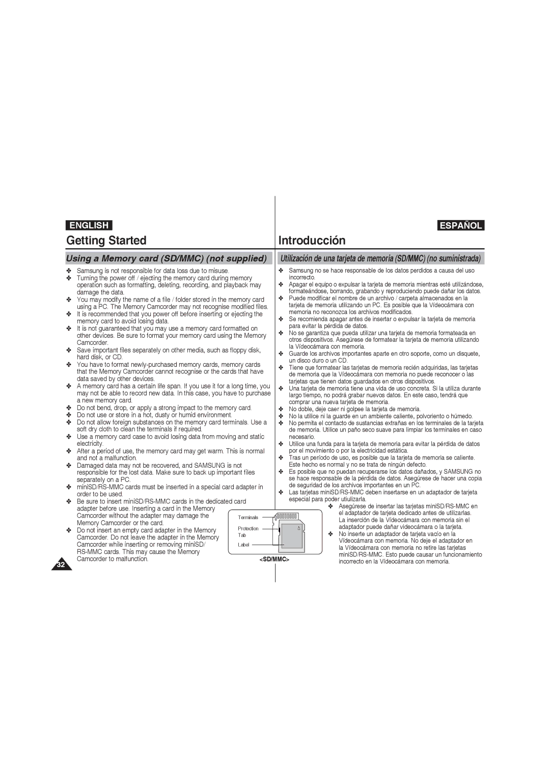 Samsung VP-MM11S/XET, VP-MM11S/XEF, VP-MM12S/XET, VP-MM12BL/XET, VP-MM11S/AND manual Using a Memory card SD/MMC not supplied 