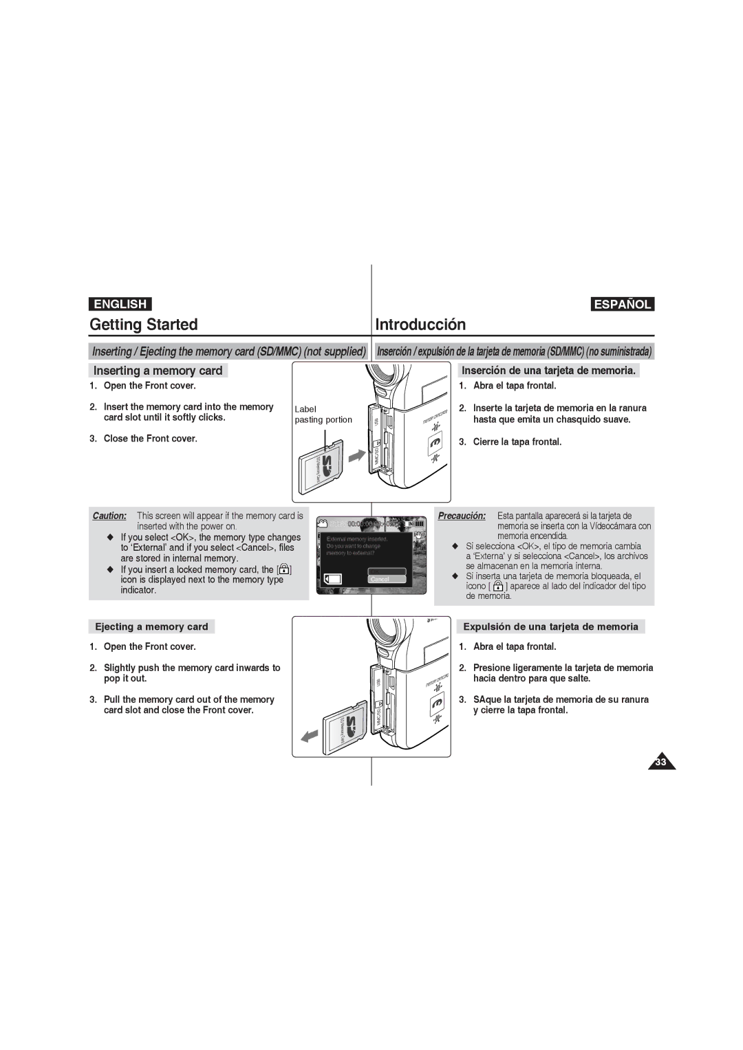 Samsung VP-MM12S/XET, VP-MM11S/XEF, VP-MM11S/XET, VP-MM12BL/XET, VP-MM11S/AND manual Inserción de una tarjeta de memoria 