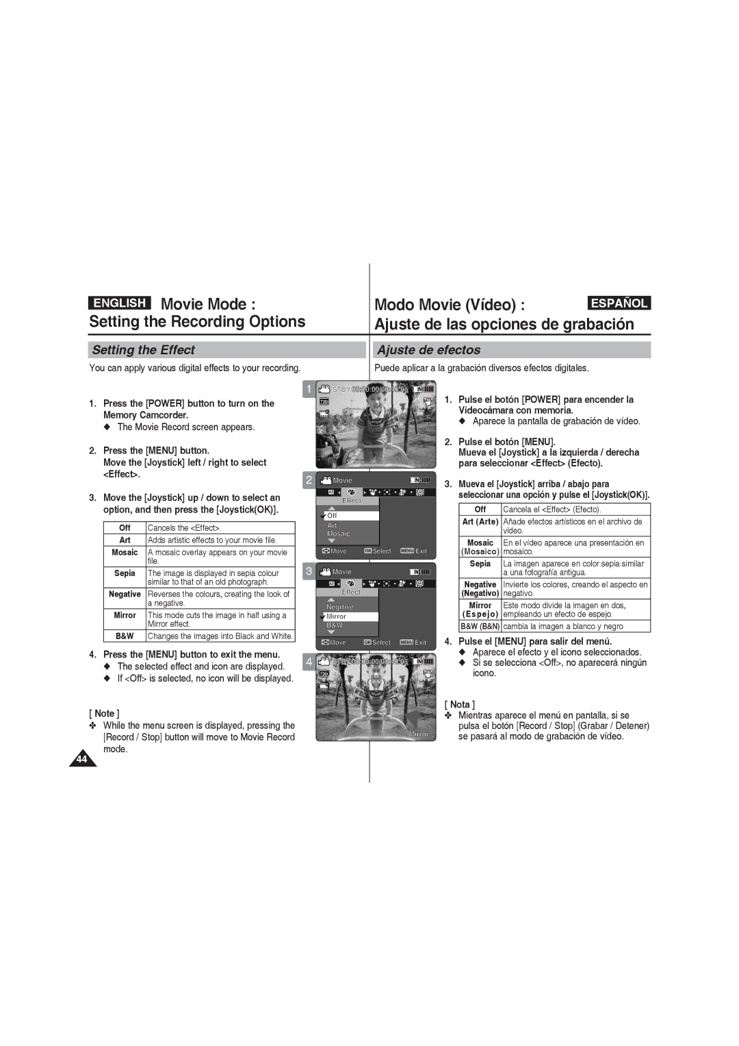 Samsung VP-MM11S/CHN manual Setting the Effect, Ajuste de efectos, You can apply various digital effects to your recording 