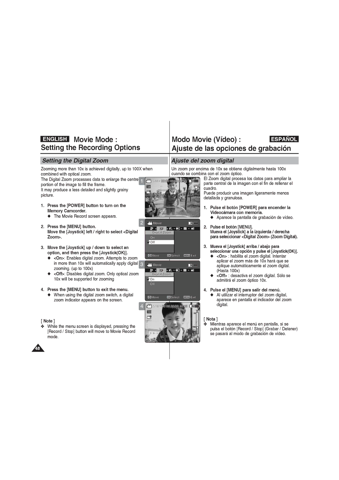 Samsung VP-MM11S/XET, VP-MM11S/XEF, VP-MM12S/XET, VP-MM12BL/XET manual Setting the Digital Zoom Ajuste del zoom digital 