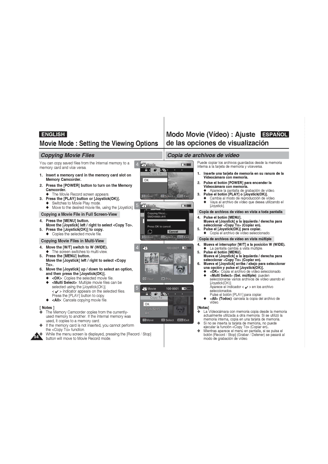 Samsung VP-MM11S/EUR manual Copying Movie Files Copia de archivos de vídeo, Copying a Movie File in Full Screen-View 