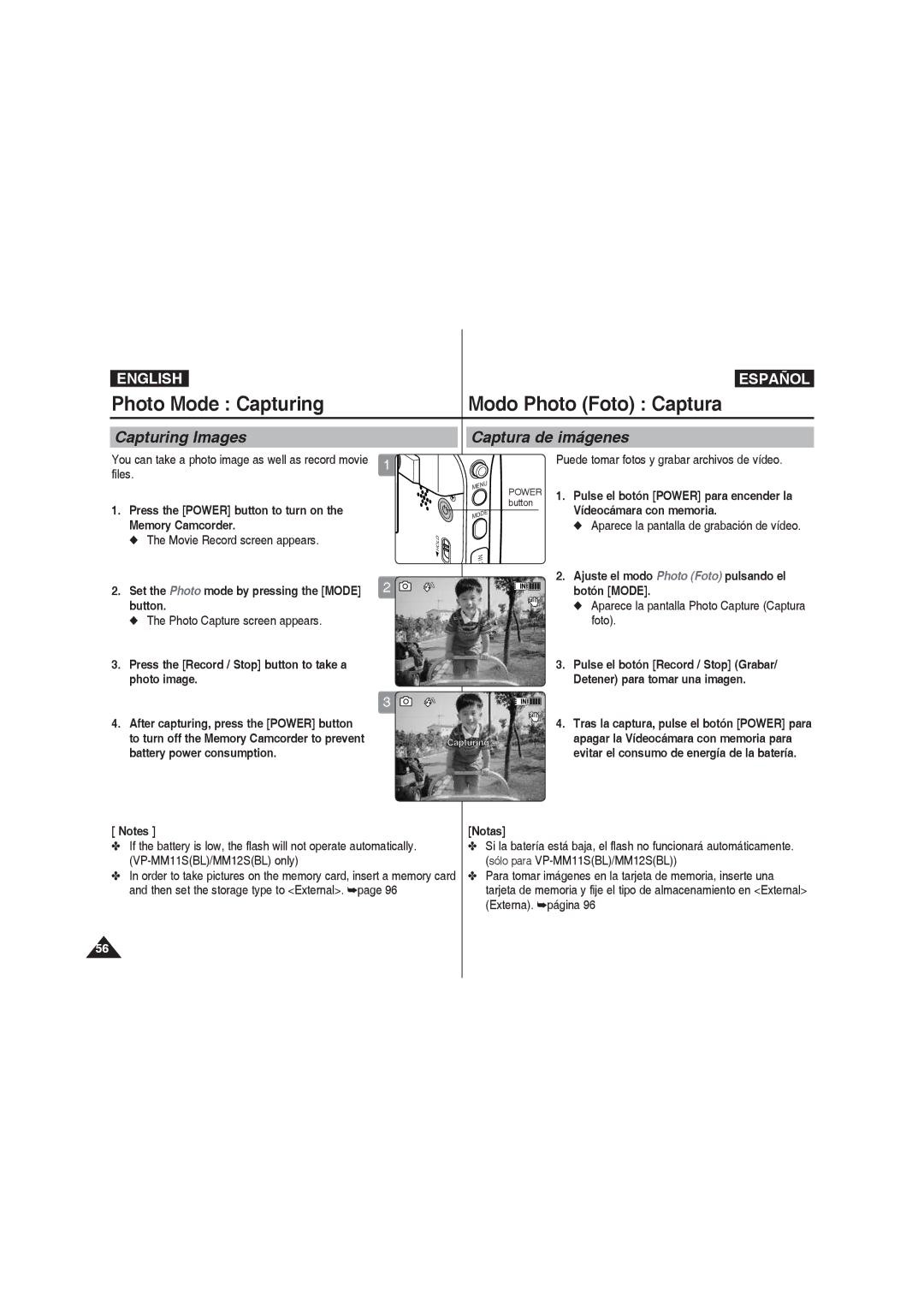 Samsung VP-MM11S/XET manual Photo Mode Capturing, Capturing Images Captura de imágenes, Photo Capture screen appears, Foto 