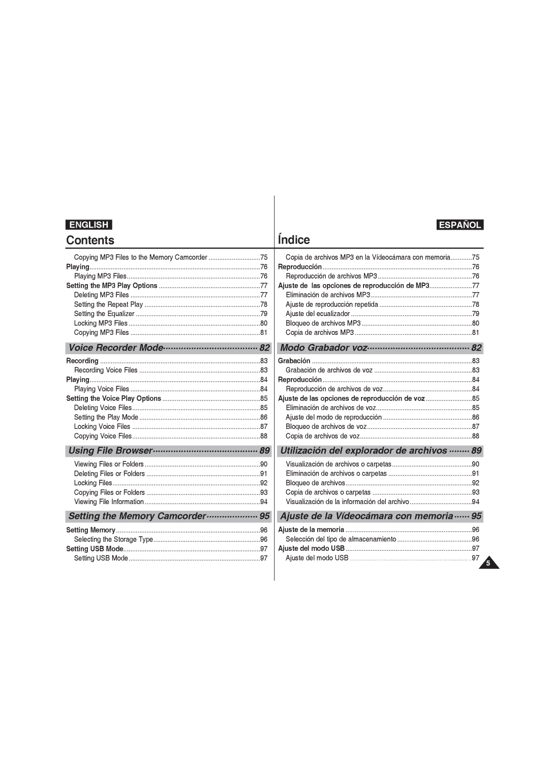 Samsung VP-MM11S/MEA, VP-MM11S/XEF, VP-MM11S/XET, VP-MM12S/XET, VP-MM12BL/XET, VP-MM11S/AND, VP-MM11S/CHN manual Contents Índice 