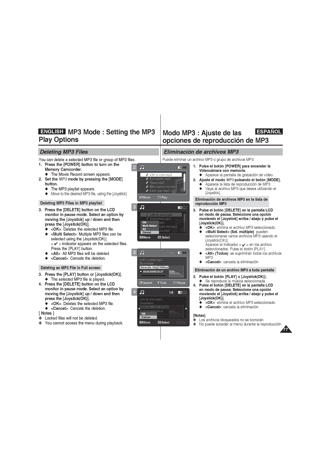 Samsung VP-MM11S/MEA manual MP3 Mode Setting the MP3, Modo MP3 Ajuste de las, Play Options Opciones de reproducción de MP3 