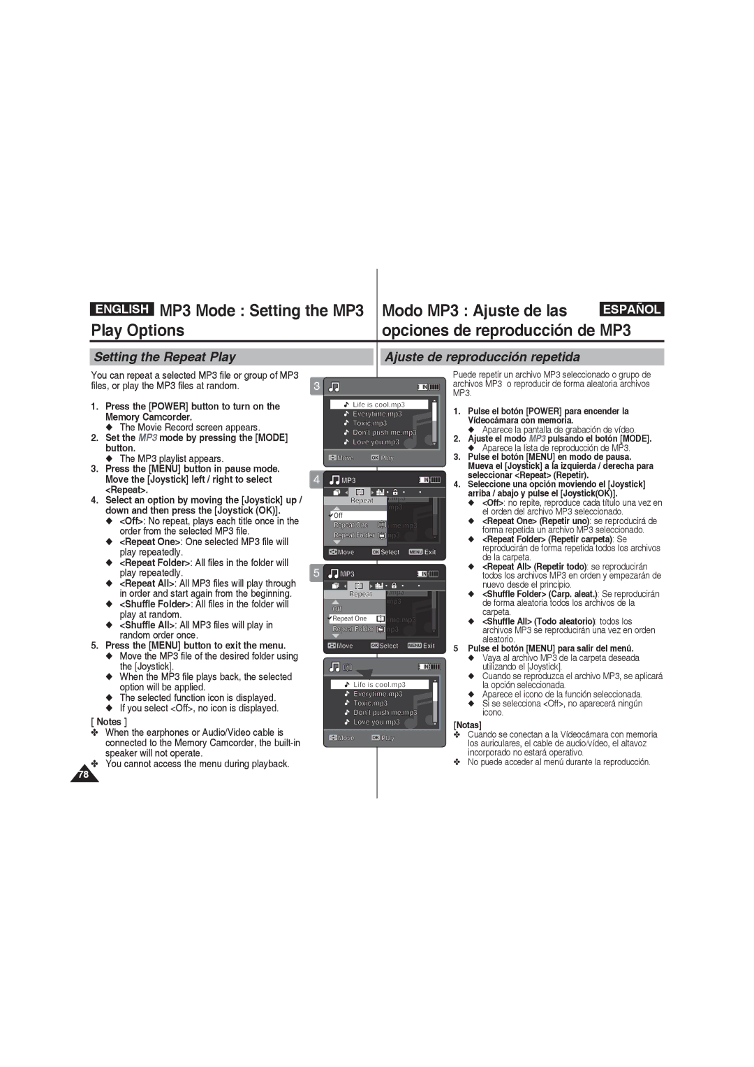 Samsung VP-MM11S/EUR manual MP3 Mode Setting the MP3 Modo MP3 Ajuste de las, Files, or play the MP3 files at random, Repeat 