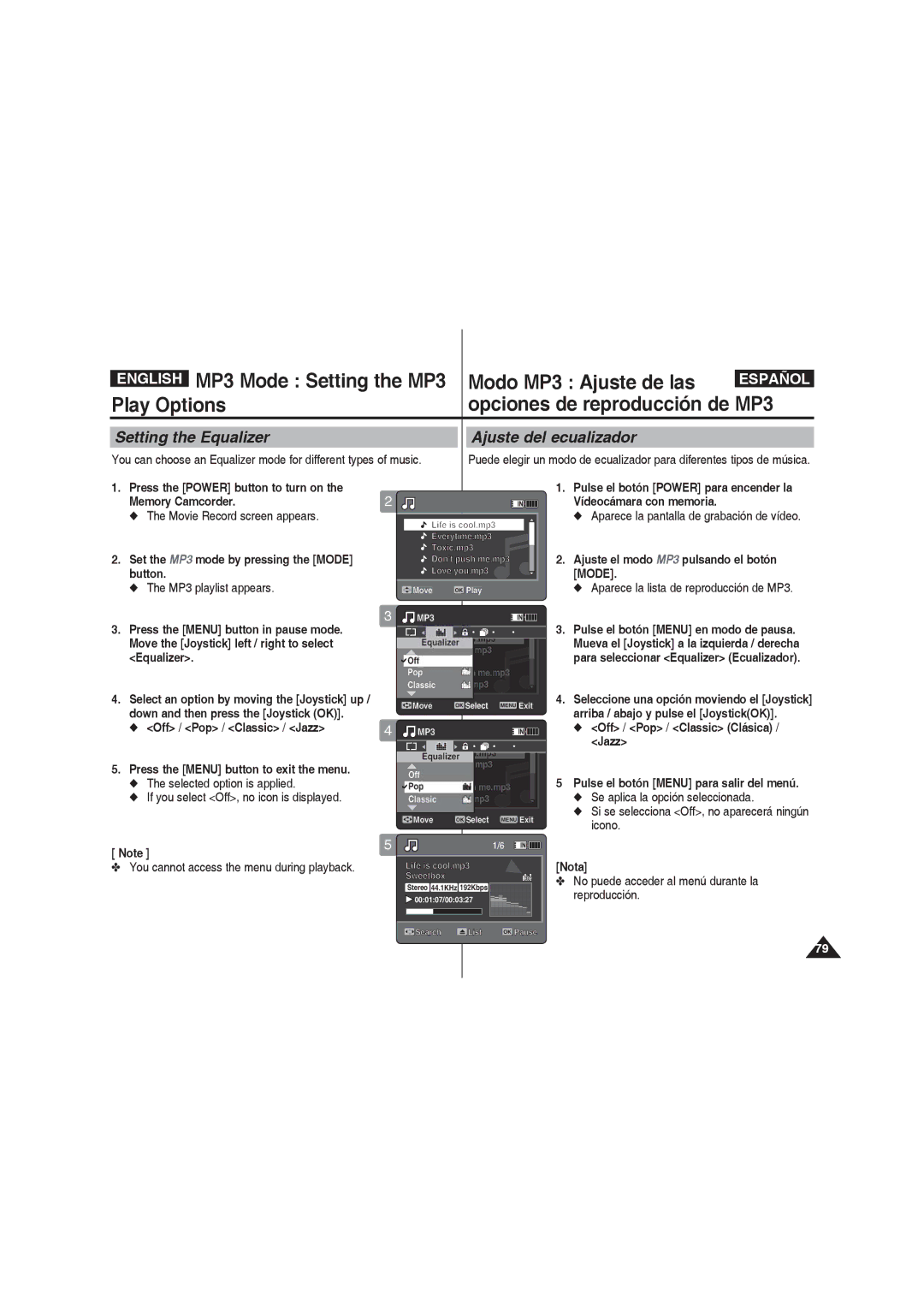 Samsung VP-MM11S/XEF, VP-MM11S/XET, VP-MM12S/XET manual Setting the Equalizer Ajuste del ecualizador, MP3 playlist appears 