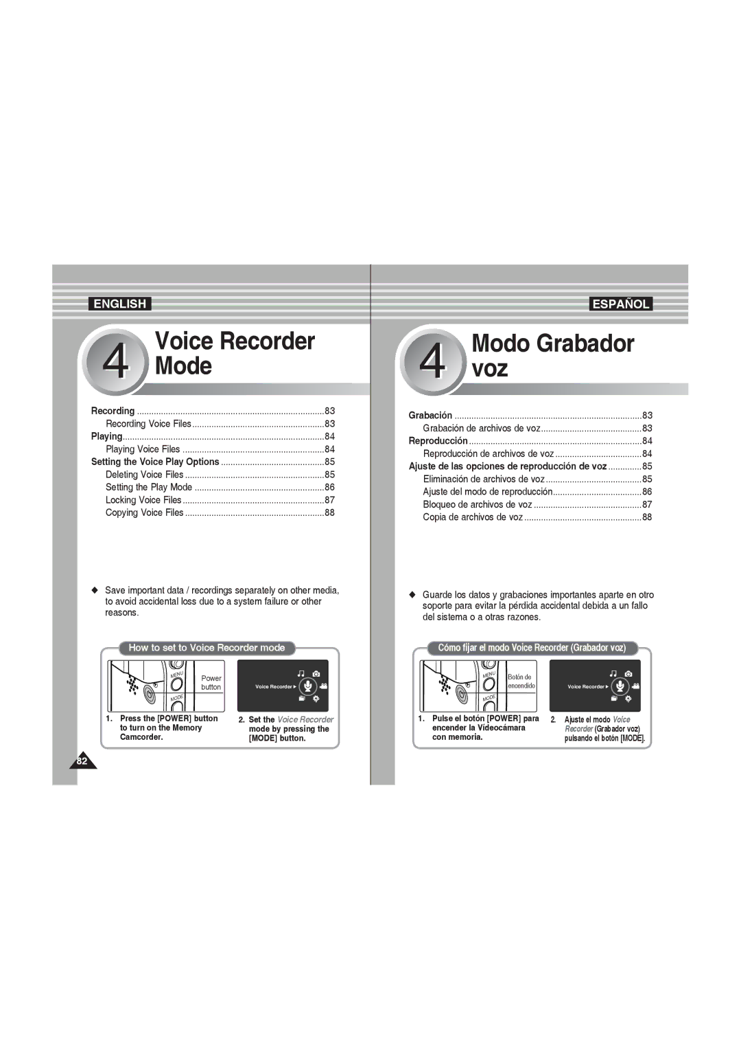 Samsung VP-MM12BL/XET, VP-MM11S/XEF, VP-MM11S/XET manual Voice Recorder Mode, Pulse el botón Power para Ajuste el modo Voice 