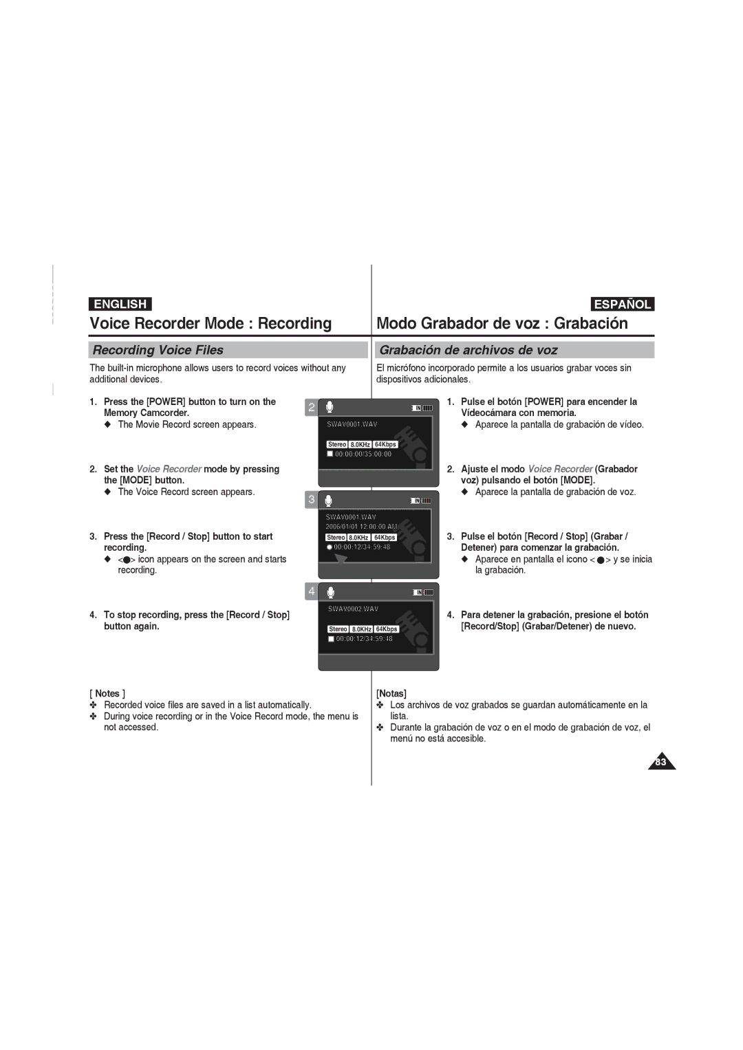 Samsung VP-MM11S/AND Recording Voice Files Grabación de archivos de voz, Press the Record / Stop button to start recording 