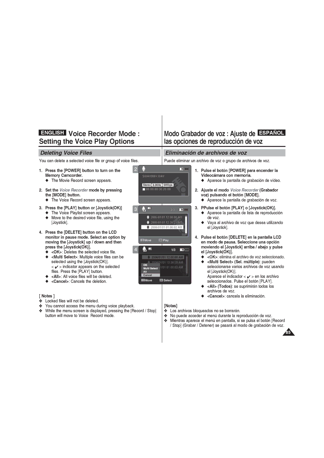 Samsung VP-MM11S/MEA manual Voice Recorder Mode, Deleting Voice Files, Eliminación de archivos de voz, El JoystickOK 