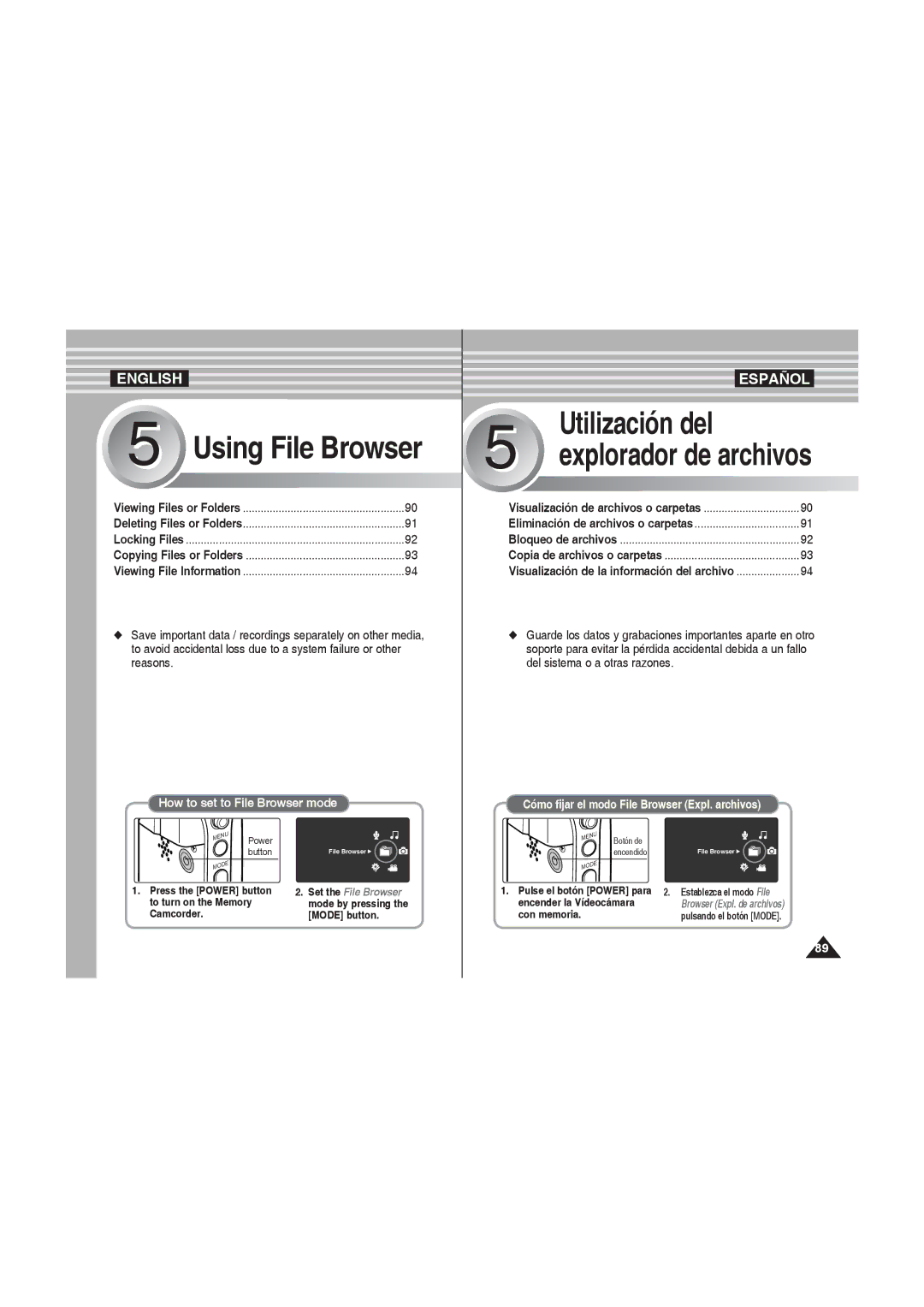 Samsung VP-MM12S/XET, VP-MM11S/XEF, VP-MM11S/XET, VP-MM12BL/XET, VP-MM11S/AND Using File Browser, Pulse el botón Power para 