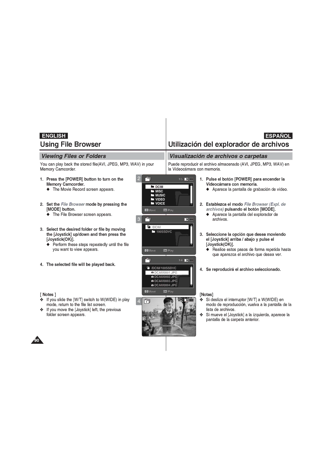 Samsung VP-MM12BL/XET manual Using File Browser Utilización del explorador de archivos, Selected file will be played back 