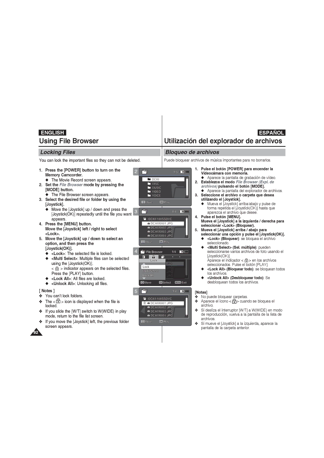 Samsung VP-MM11S/CHN manual Using File Browser Utilización del explorador de archivos, Locking Files, Bloqueo de archivos 