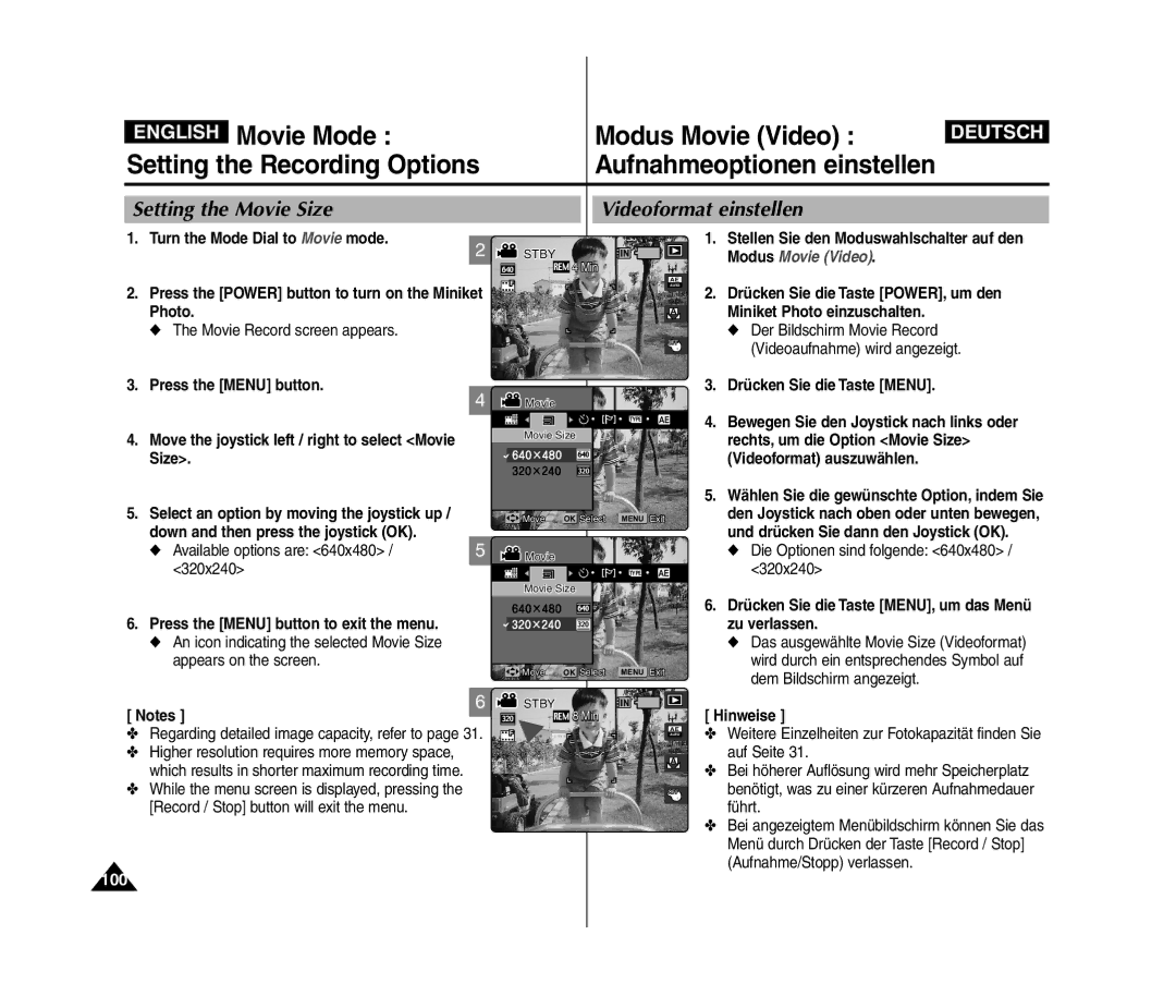 Samsung VP-MM11S/XET, VP-MM11S/XEF manual Setting the Movie Size Videoformat einstellen, 100, Available options are 320x240 