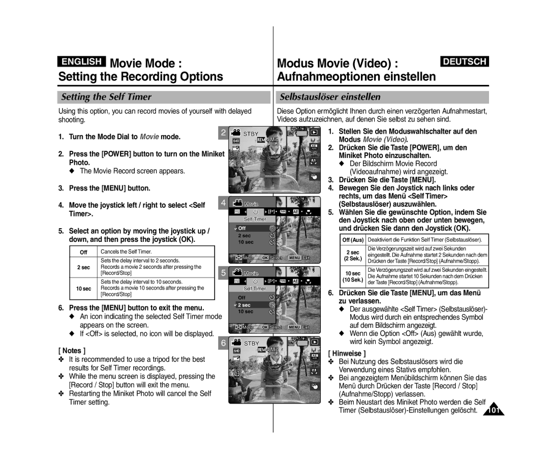 Samsung VP-MM12S/XET, VP-MM11S/XEF, VP-MM11S/XET, VP-MM12BL/XET manual Timer, Move the joystick left / right to select Self 