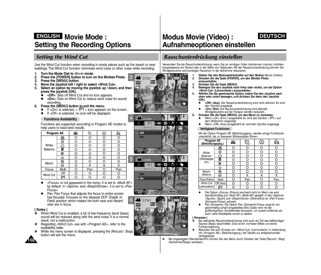 Samsung VP-MM12BL/XET, VP-MM11S/XEF, VP-MM11S/XET, VP-MM12S/XET Setting the Wind Cut Rauschunterdrückung einstellen, 102 