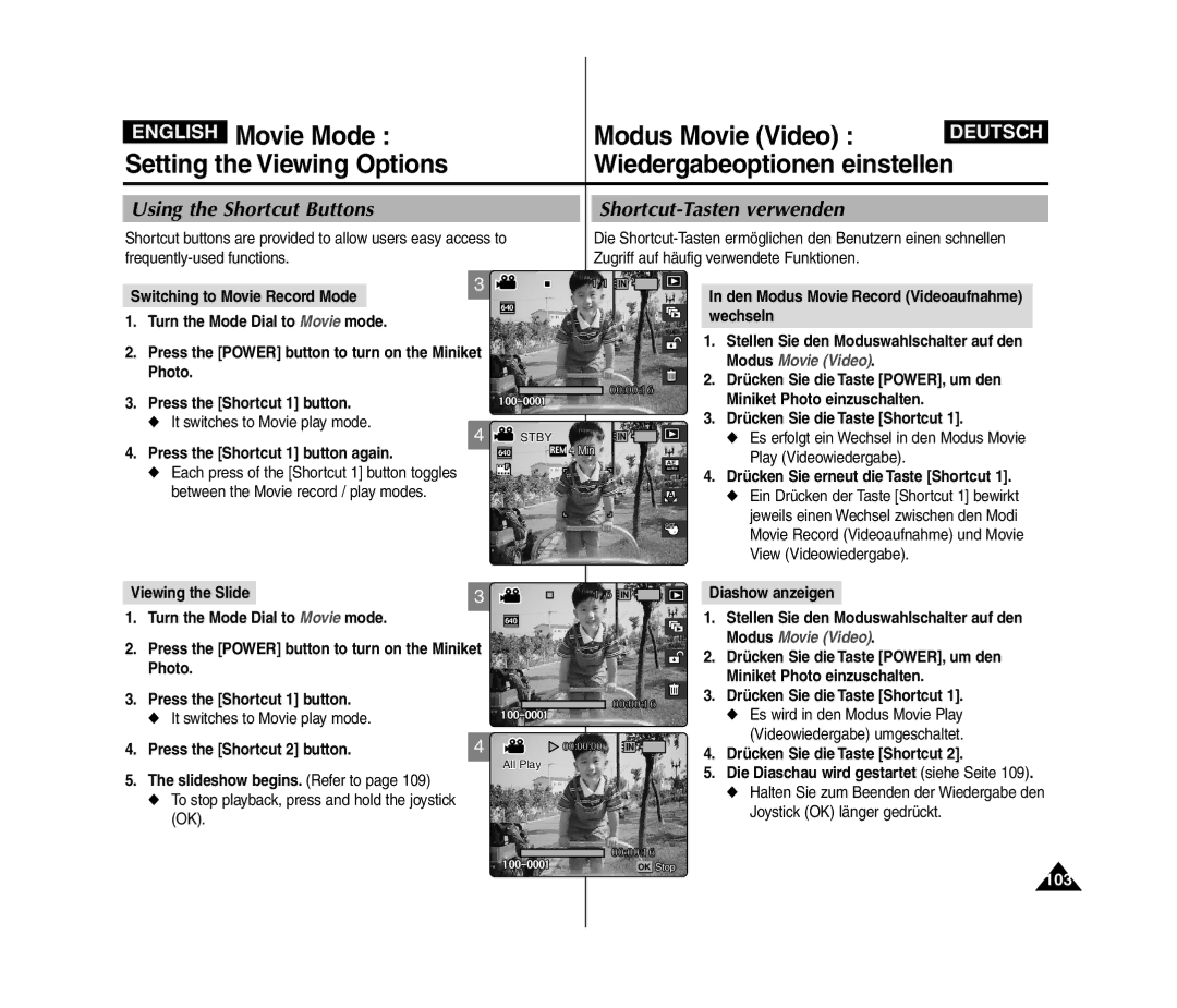 Samsung VP-MM11S/AND, VP-MM11S/XEF, VP-MM11S/XET, VP-MM12S/XET, VP-MM12BL/XET, VP-MM11S/CHN Movie Mode Modus Movie Video, 103 