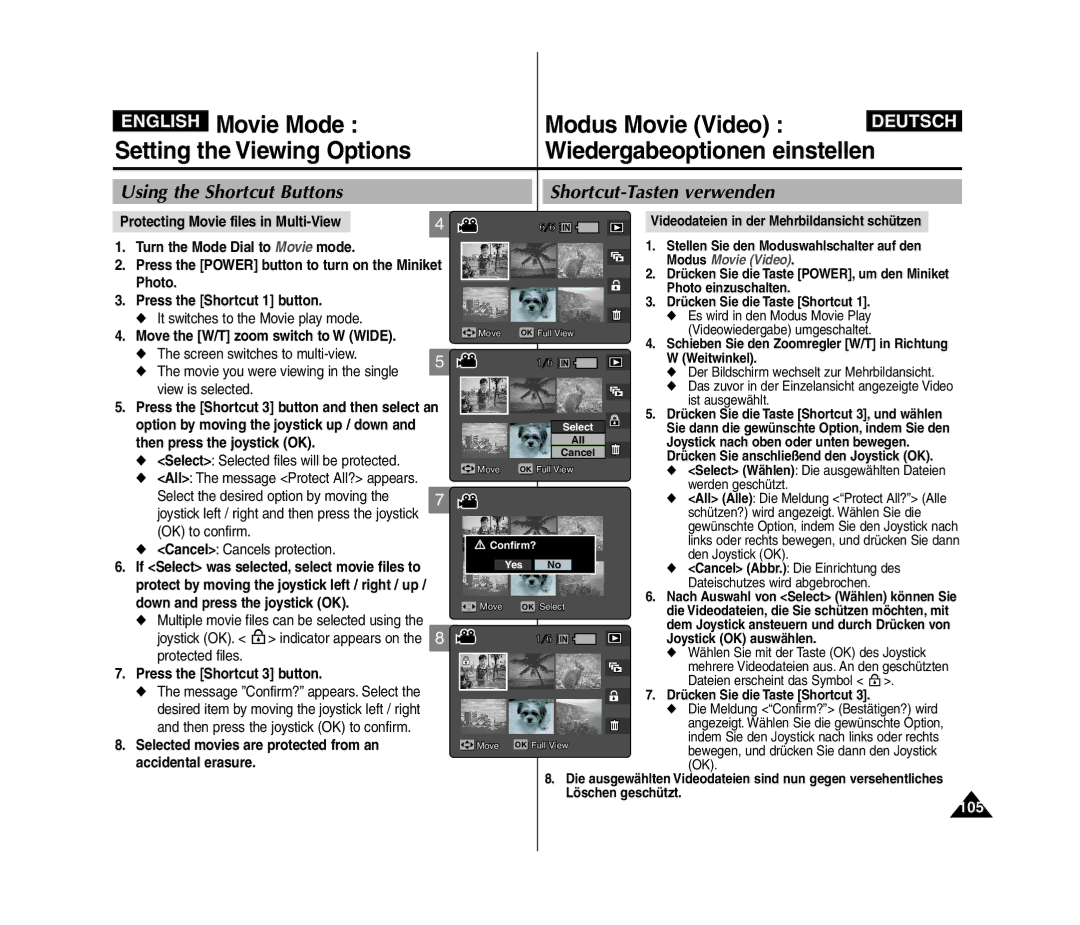 Samsung VP-MM11S/MEA, VP-MM11S/XEF, VP-MM11S/XET manual 105, Selected movies are protected from an, Accidental erasure 