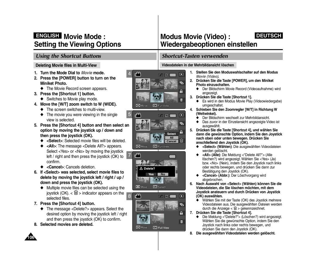 Samsung VP-MM11S/XEV 106, Deleting Movie files in Multi-View, Switches to Movie play mode, Selected movies are deleted 