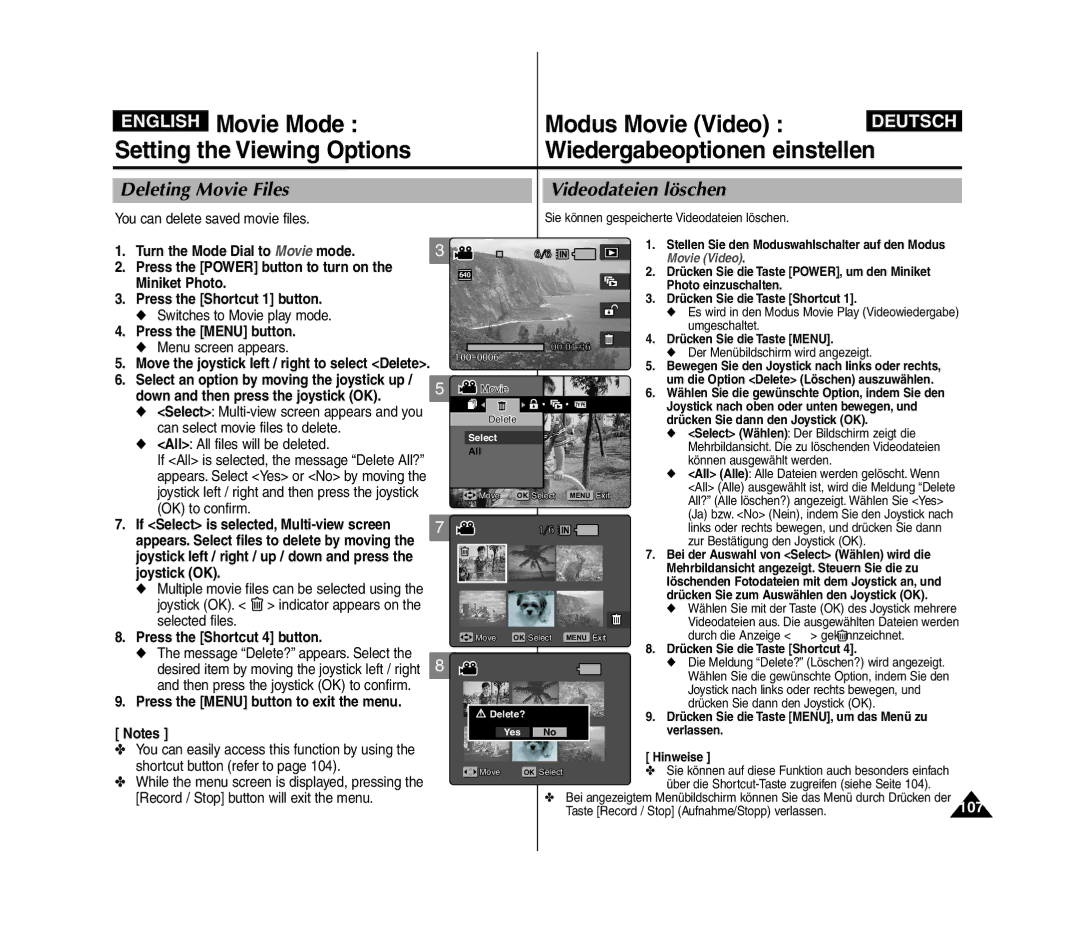 Samsung VP-MM12S/XEV, VP-MM11S/XEF manual Deleting Movie Files Videodateien löschen, 107, You can delete saved movie files 