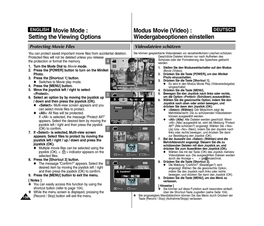 Samsung VP-MM11S/XEF Protecting Movie Files Videodateien schützen, OK to confirm If Select is selected, Multi-view screen 