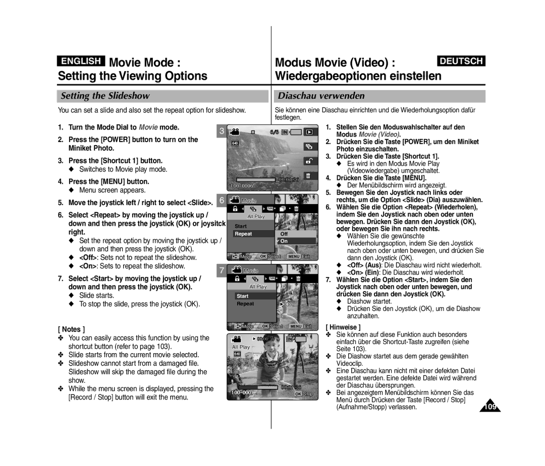 Samsung VP-MM11S/XET, VP-MM11S/XEF manual Setting the Slideshow, 109, Slide starts To stop the slide, press the joystick OK 